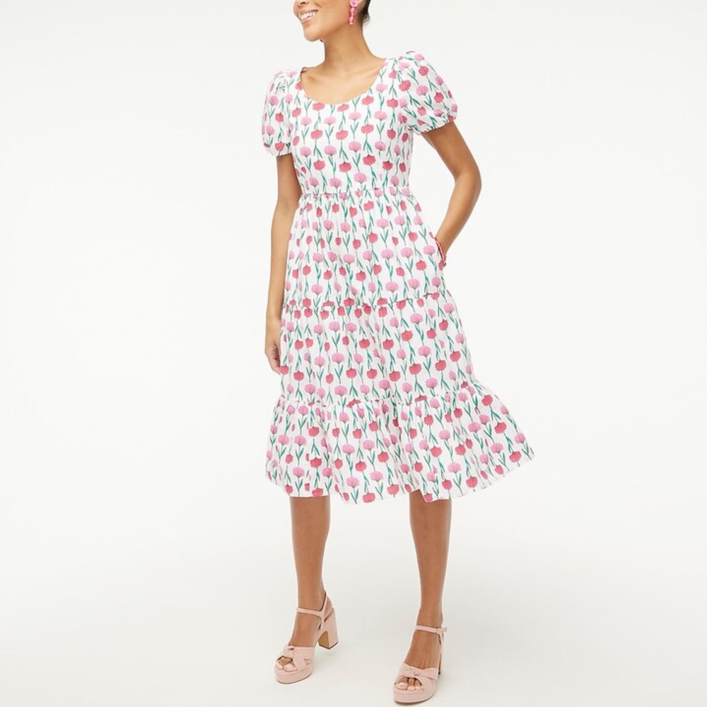 J.Crew Factory Tiered Poplin Puff Sleeve Midi Dress